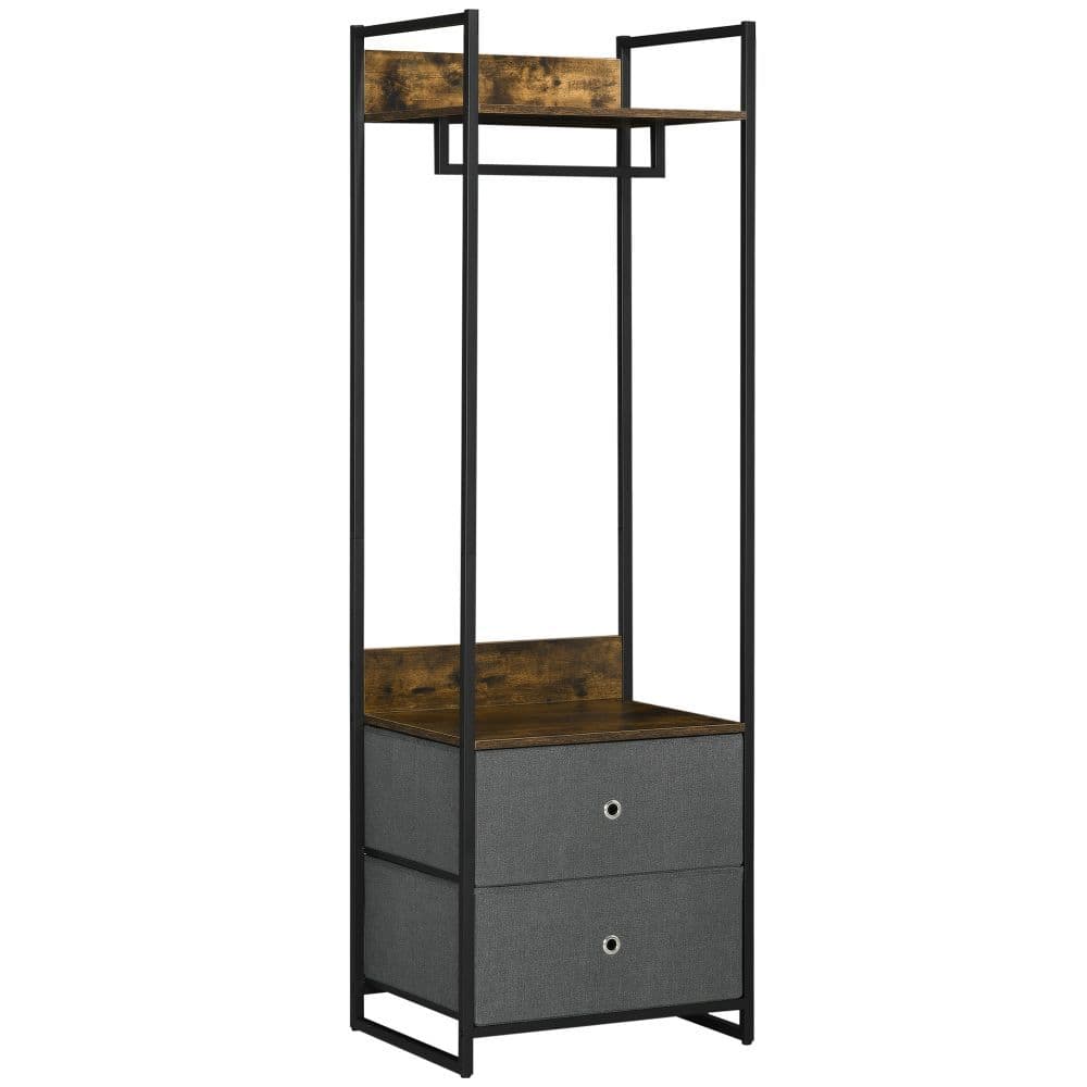 image-Industrial Clothes Rail Garment Rack with 2 Fabric Drawers Rustic Brown