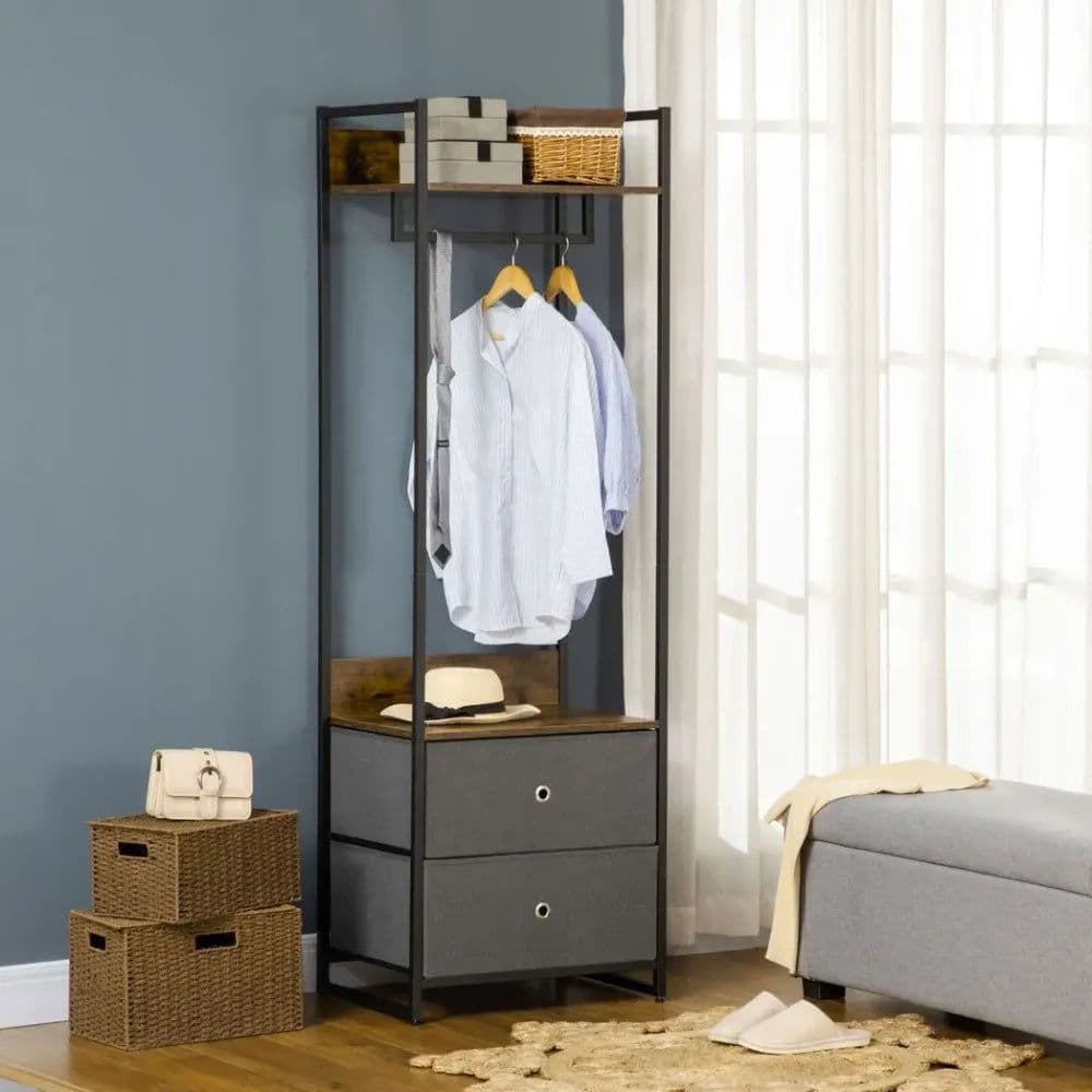 image-Industrial Clothes Rail Garment Rack with 2 Fabric Drawers Rustic Brown