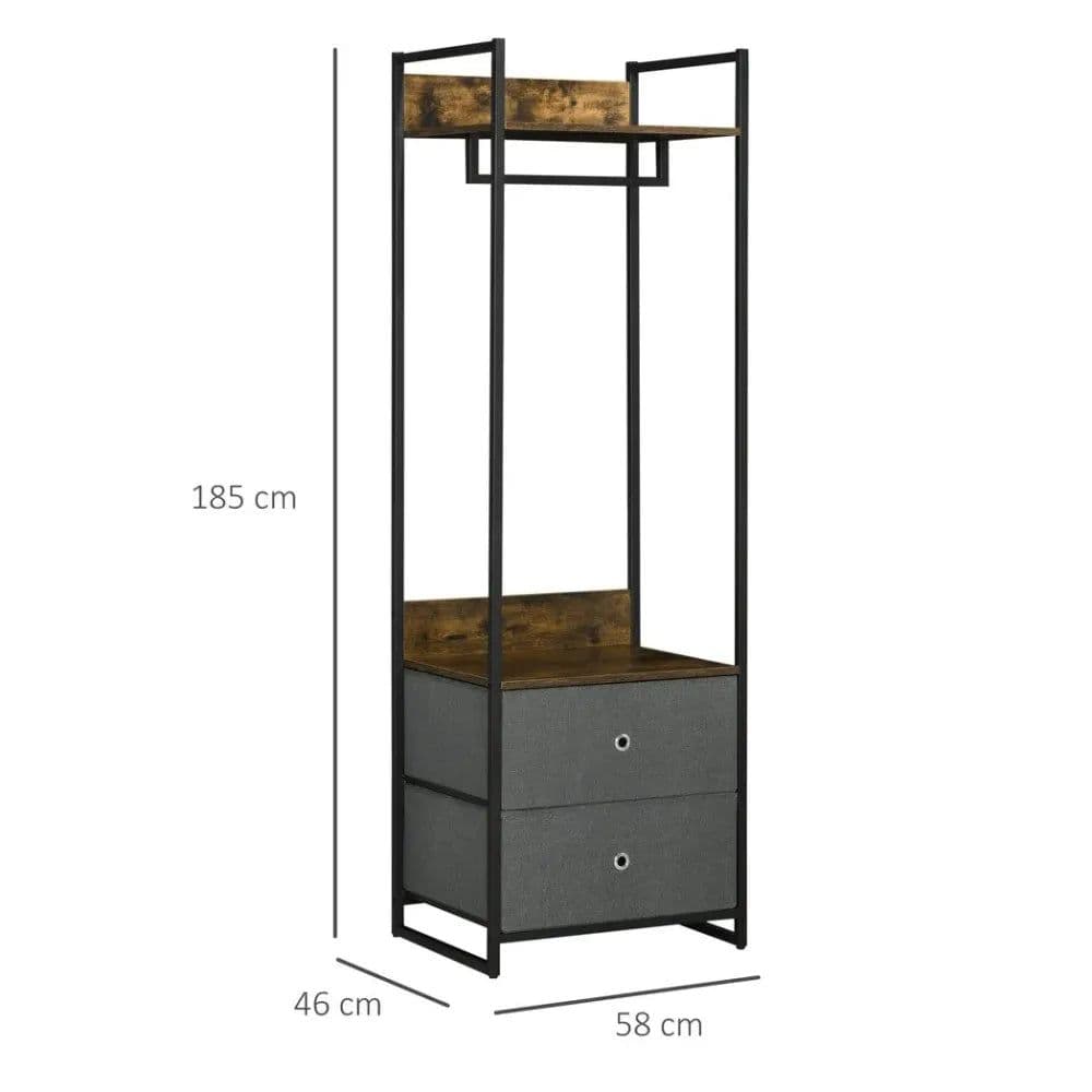 image-Industrial Clothes Rail Garment Rack with 2 Fabric Drawers Rustic Brown