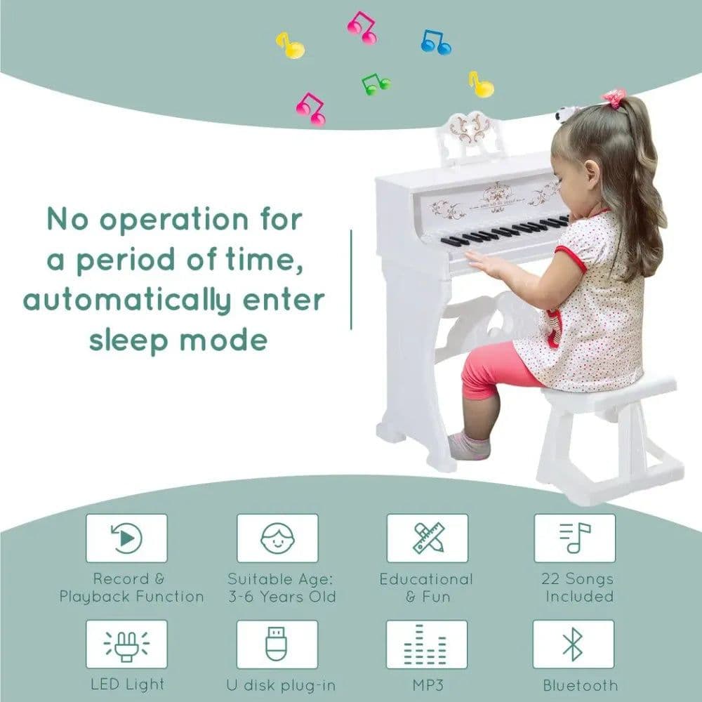 image-37/32 Key Kids Battery Keyboard Mini Grand Piano Stool Microphone Musical Toy