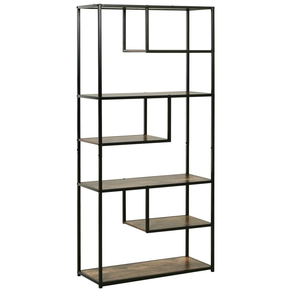 image-Wood Bookshelf Industrial Style Stand 6-Tier Living Room Display Rack Organiser