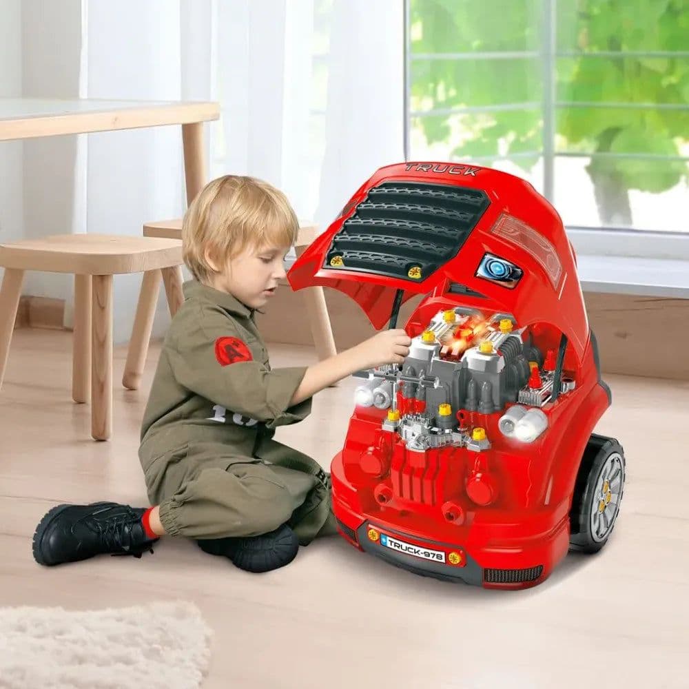image-Kids Truck Engine Toy Set w/ Horn, Light, Car Key for 3-5 Years Old Red