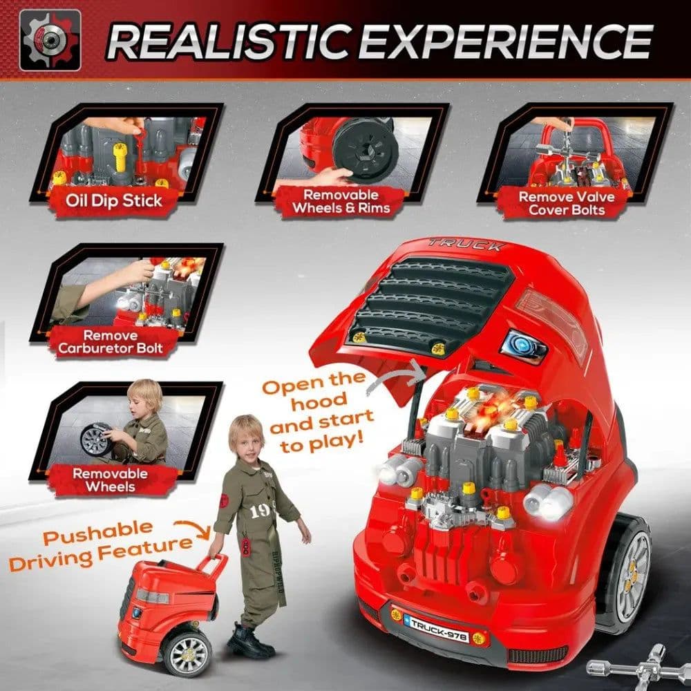 image-Kids Truck Engine Toy Set w/ Horn, Light, Car Key for 3-5 Years Old Red