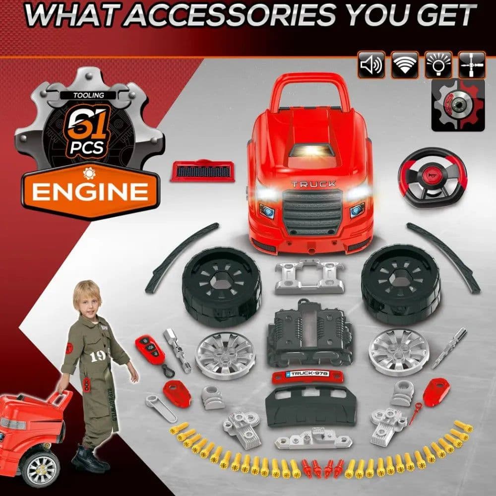 image-Kids Truck Engine Toy Set w/ Horn, Light, Car Key for 3-5 Years Old Red
