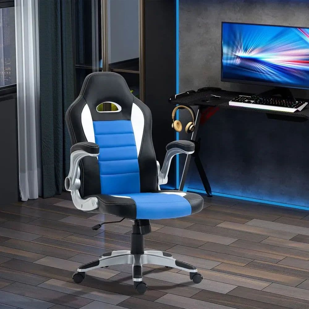 image-Racing Gaming Chair Height Adjustable Swivel Chair with Flip Up Armrests, Blue
