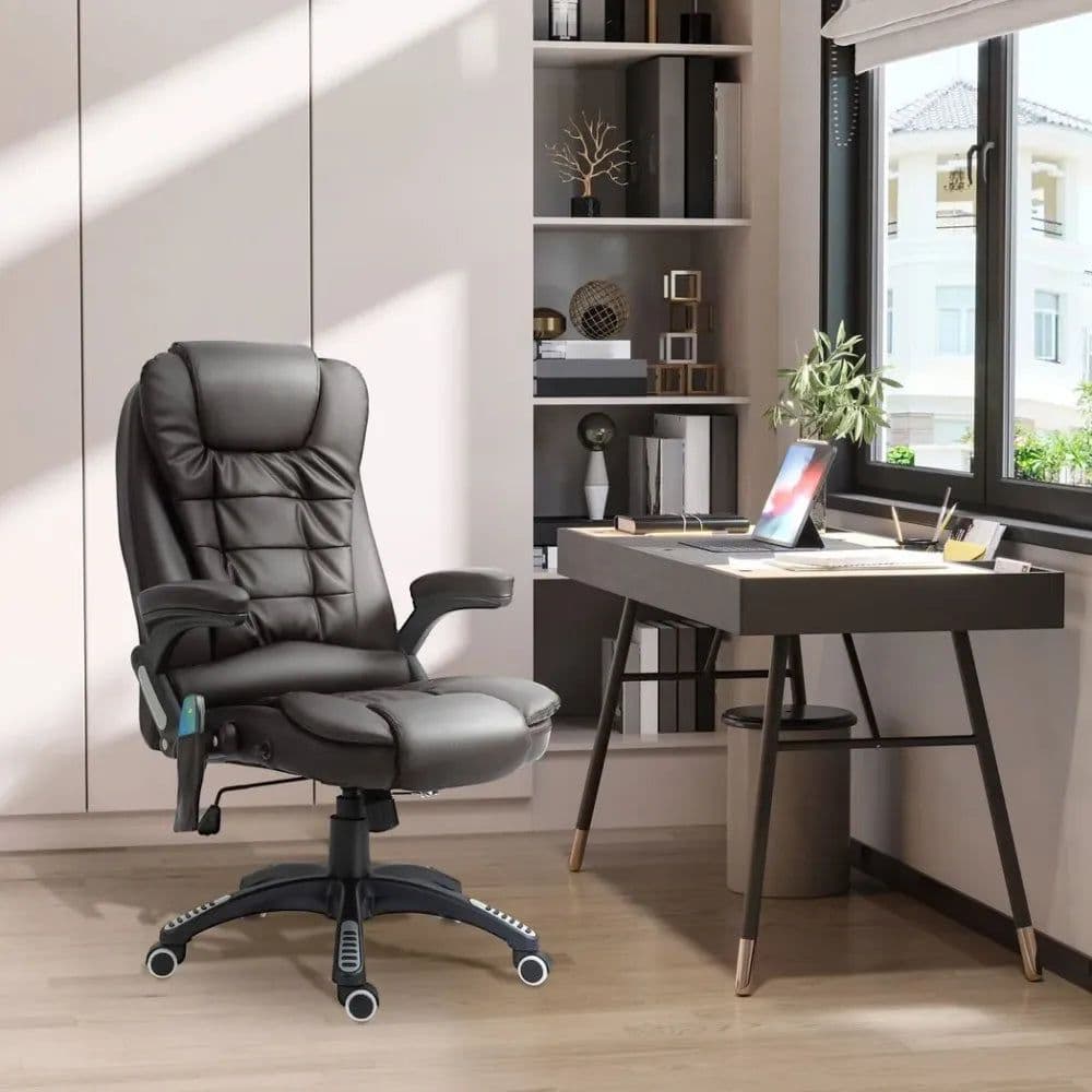 image-Executive Office Chair with Massage and Heat PU Leather Reclining Chair, Brown