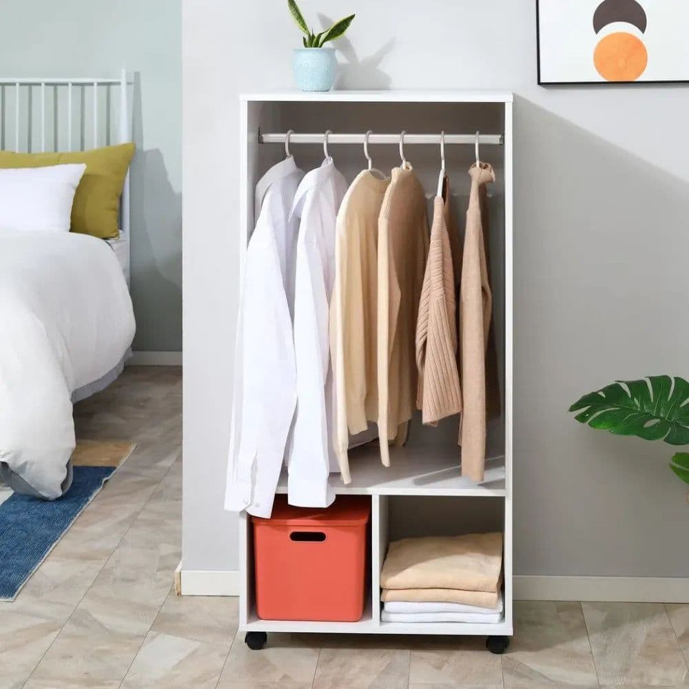 image-Open Wardrobe Clothes Rail Bedroom Clothes Storage w/ Hanging Rod Shelves White
