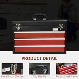 image-3 Drawer Tool Chest Lockable Tool Box w/ Ball Bearing Runners 51cmx22cmx32cm