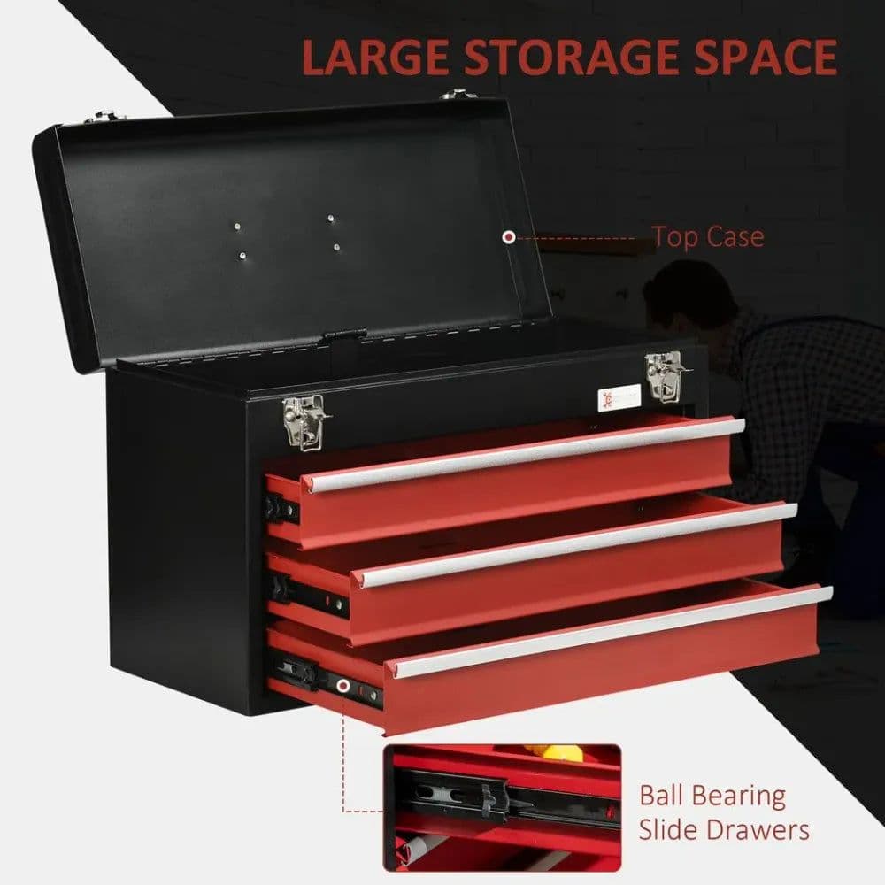 image-3 Drawer Tool Chest Lockable Tool Box w/ Ball Bearing Runners 51cmx22cmx32cm