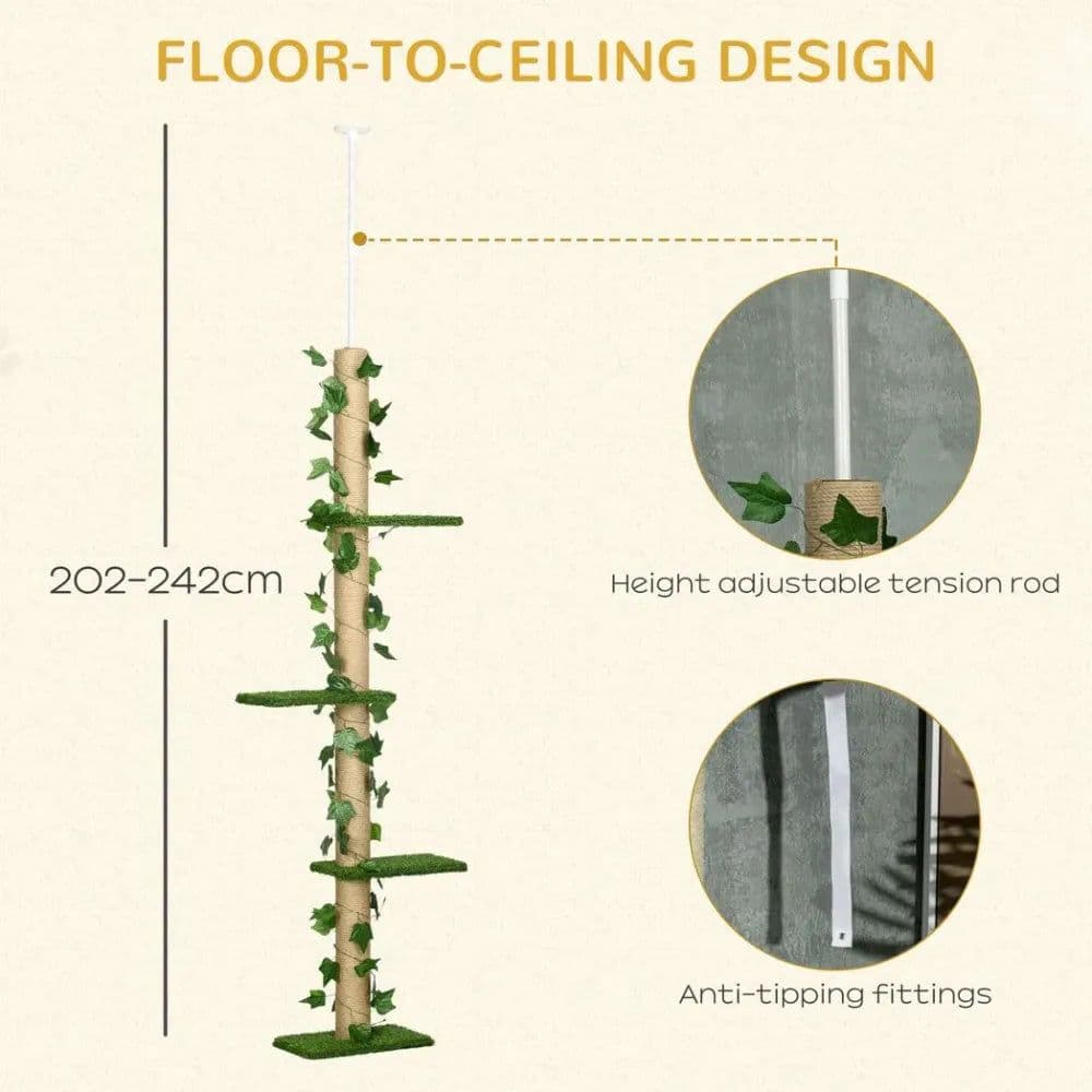 image-242cm Adjustable Floor-To-Ceiling Cat Tree w/ Anti-Slip Kit - Green