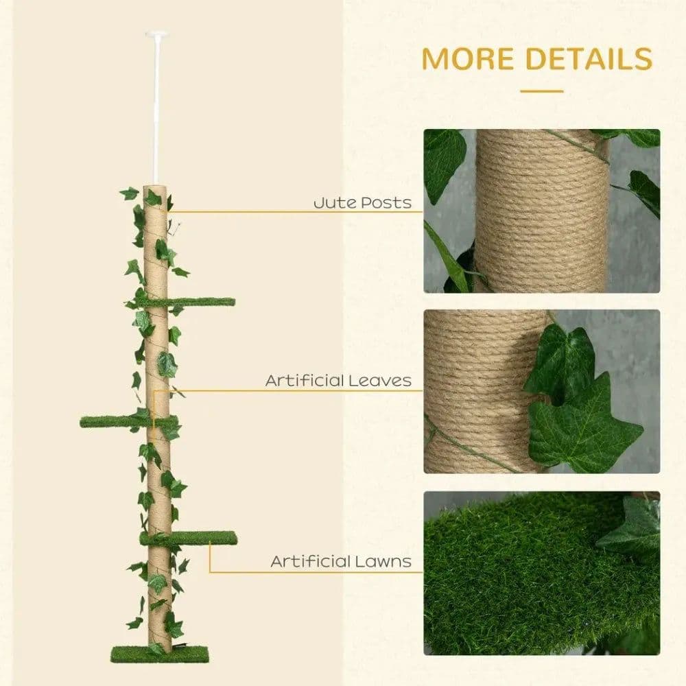 image-242cm Adjustable Floor-To-Ceiling Cat Tree w/ Anti-Slip Kit - Green