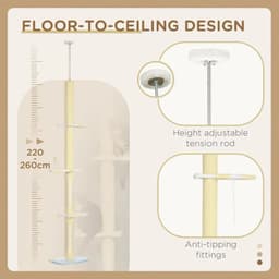 image-260cm Height Adjustable Floor-To-Ceiling Cat Tree w/ Anti-Slip Kit - Yellow