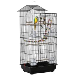 image-Metal Bird Cage for Budgies, Finches w/ Accessories, Toys, Tray, Handle - Black