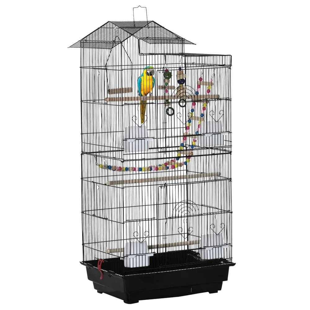 image-Metal Bird Cage for Budgies, Finches w/ Accessories, Toys, Tray, Handle - Black