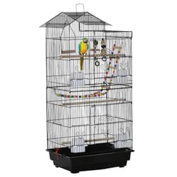 image-Metal Bird Cage for Budgies, Finches w/ Accessories, Toys, Tray, Handle - Black