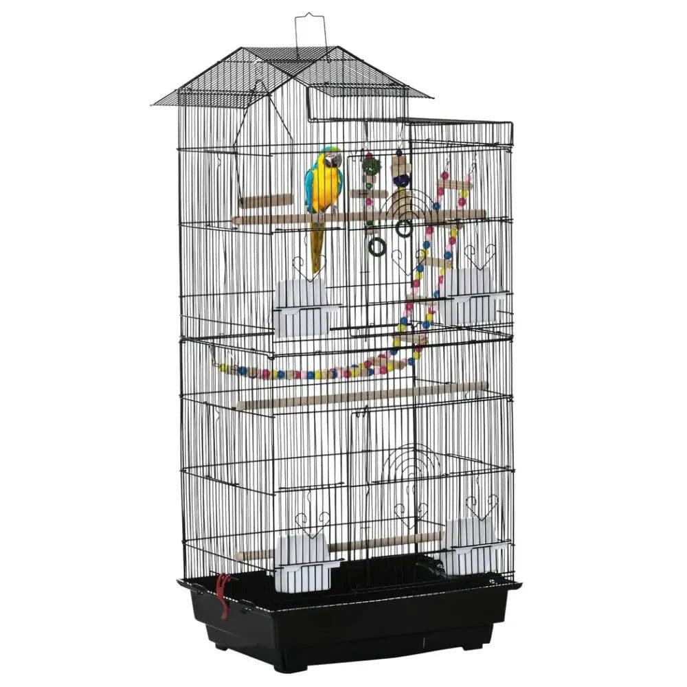 image-Metal Bird Cage for Budgies, Finches w/ Accessories, Toys, Tray, Handle - Black