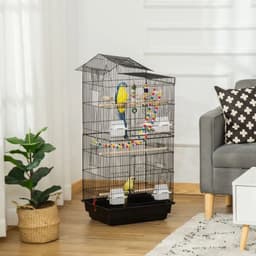 image-Metal Bird Cage for Budgies, Finches w/ Accessories, Toys, Tray, Handle - Black