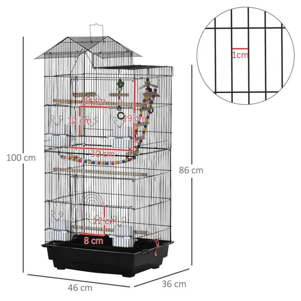 image-Metal Bird Cage for Budgies, Finches w/ Accessories, Toys, Tray, Handle - Black
