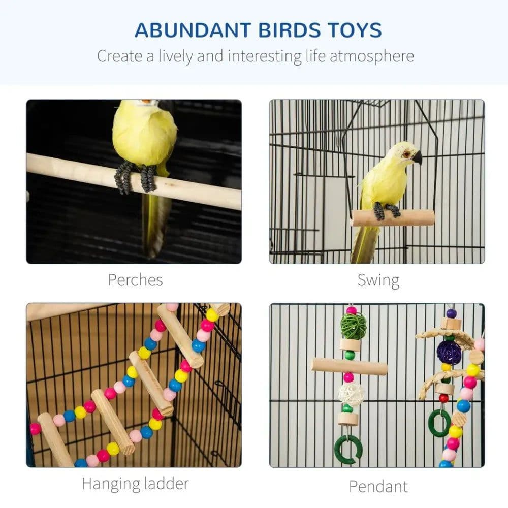 image-Metal Bird Cage for Budgies, Finches w/ Accessories, Toys, Tray, Handle - Black