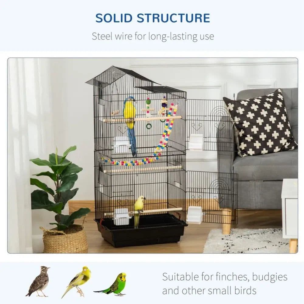image-Metal Bird Cage for Budgies, Finches w/ Accessories, Toys, Tray, Handle - Black