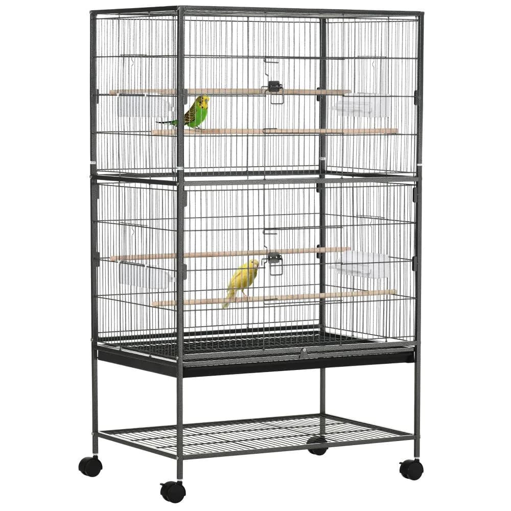 image-Bird Cage Aviary for Budgies Canaries w/ Rolling Stand Slide-Out Tray, Grey