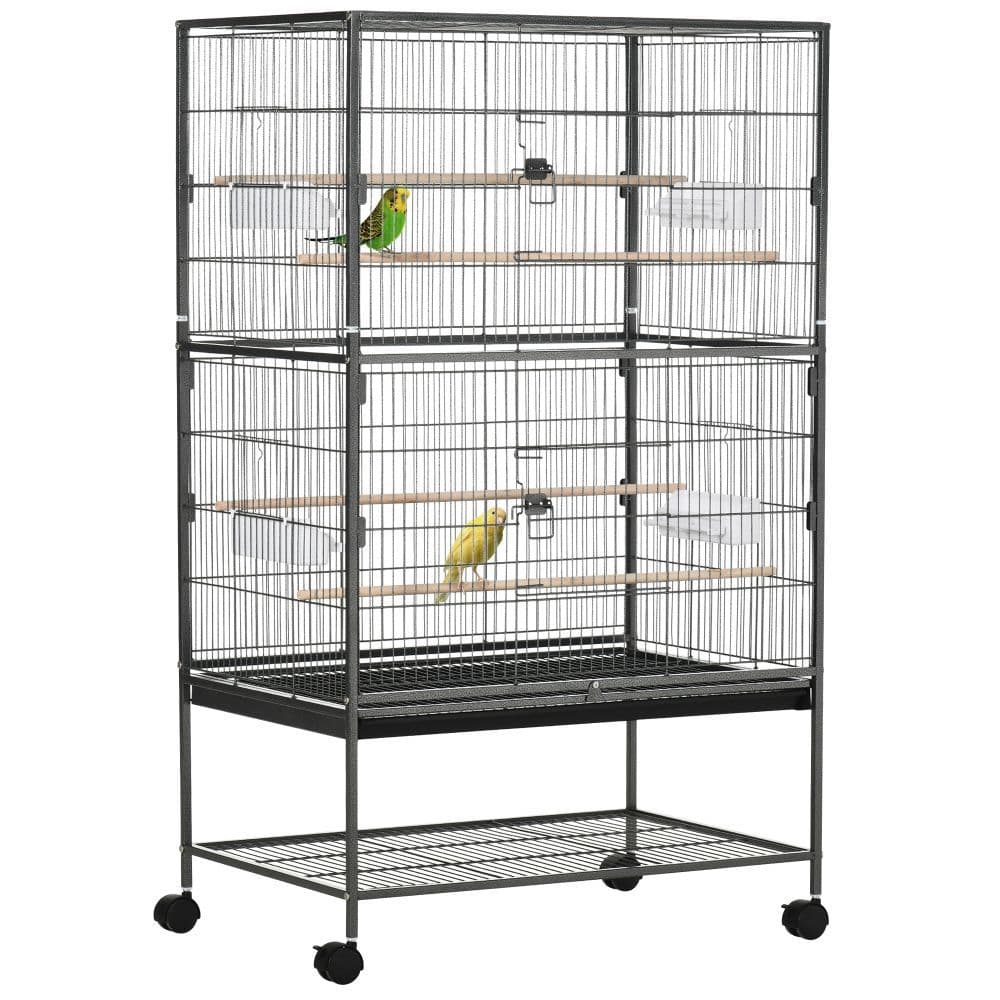 image-Bird Cage Aviary for Budgies Canaries w/ Rolling Stand Slide-Out Tray, Grey