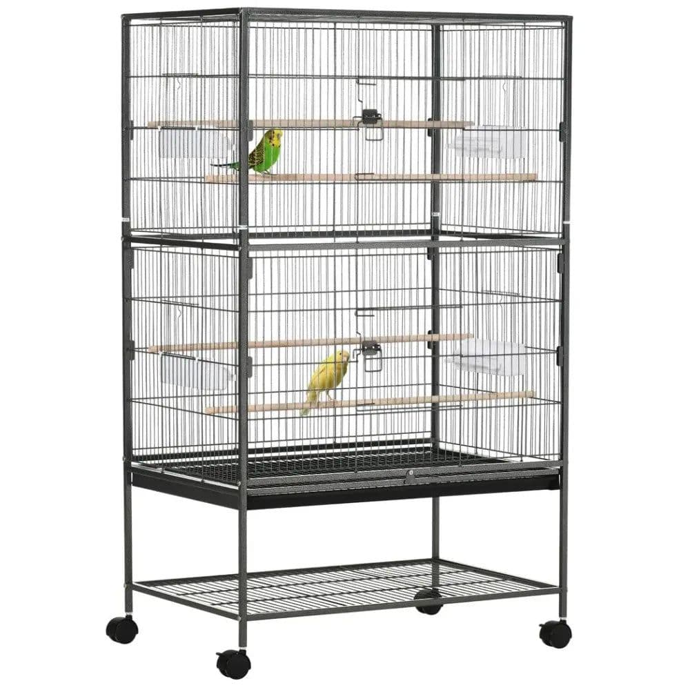 image-Bird Cage Aviary for Budgies Canaries w/ Rolling Stand Slide-Out Tray, Grey