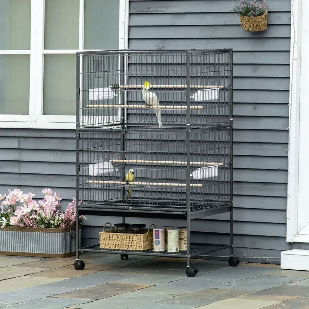 image-Bird Cage Aviary for Budgies Canaries w/ Rolling Stand Slide-Out Tray, Grey