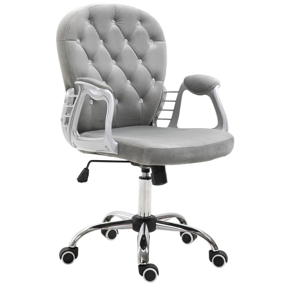 image-Office Chair Luxury Velour Diamond Tufted Padded Ergonomic 360 Swivel Grey