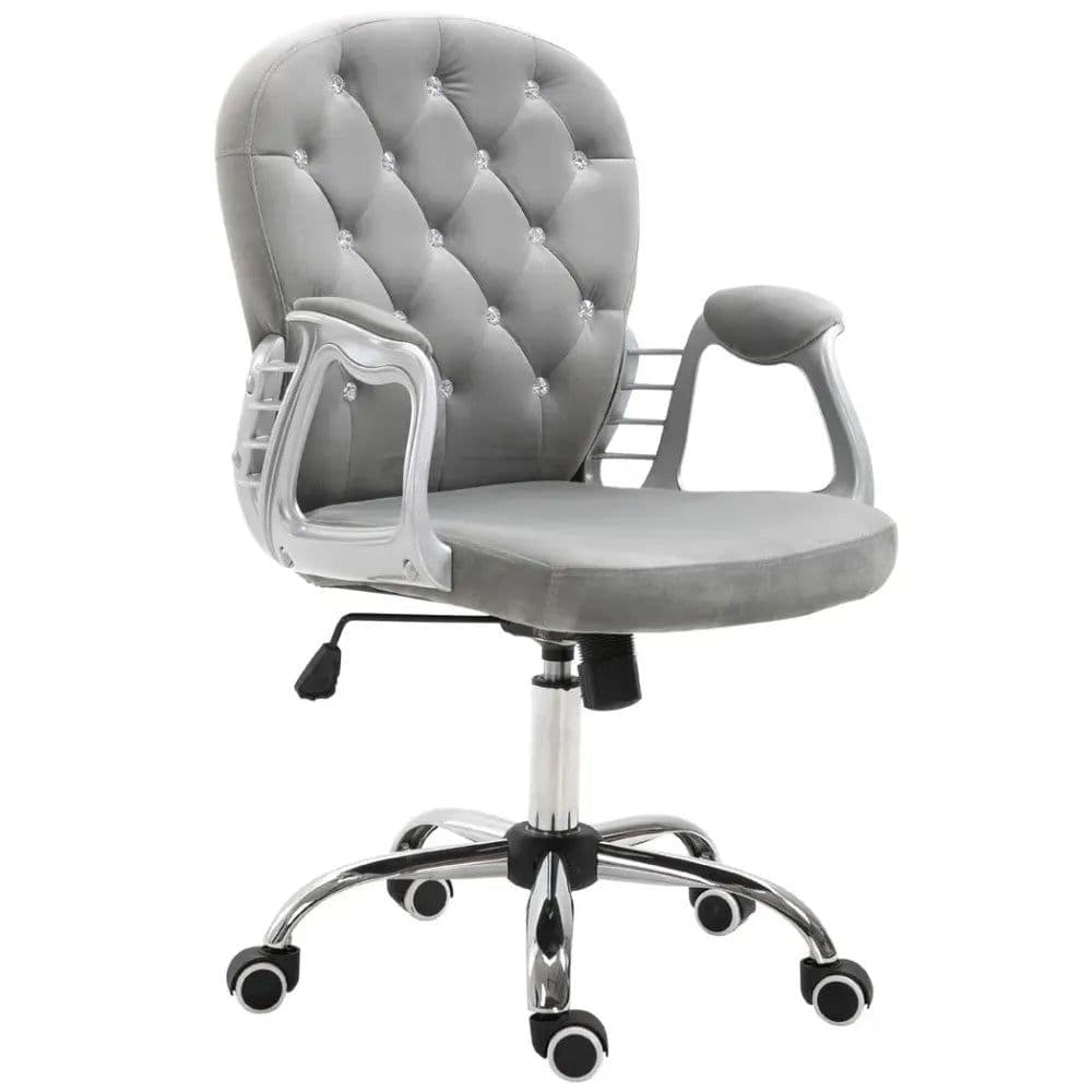 image-Office Chair Luxury Velour Diamond Tufted Padded Ergonomic 360 Swivel Grey