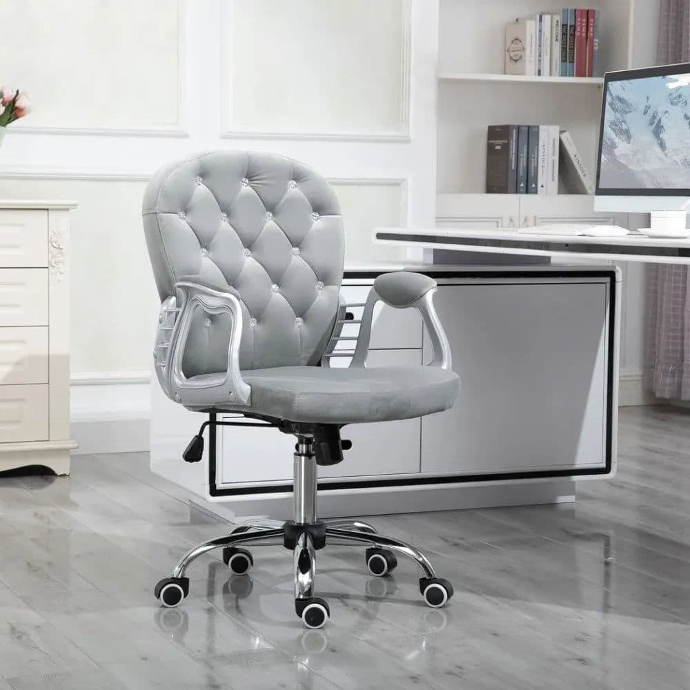 image-Office Chair Luxury Velour Diamond Tufted Padded Ergonomic 360 Swivel Grey