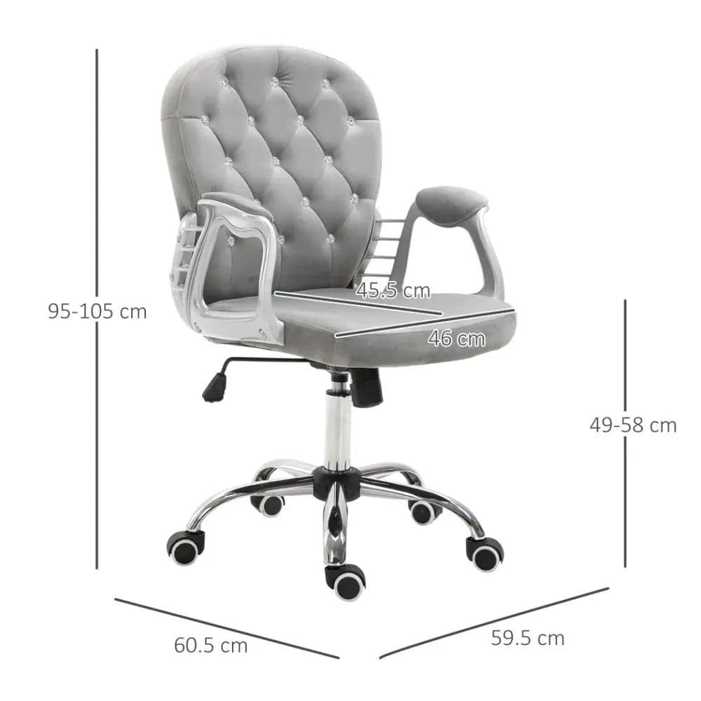 image-Office Chair Luxury Velour Diamond Tufted Padded Ergonomic 360 Swivel Grey