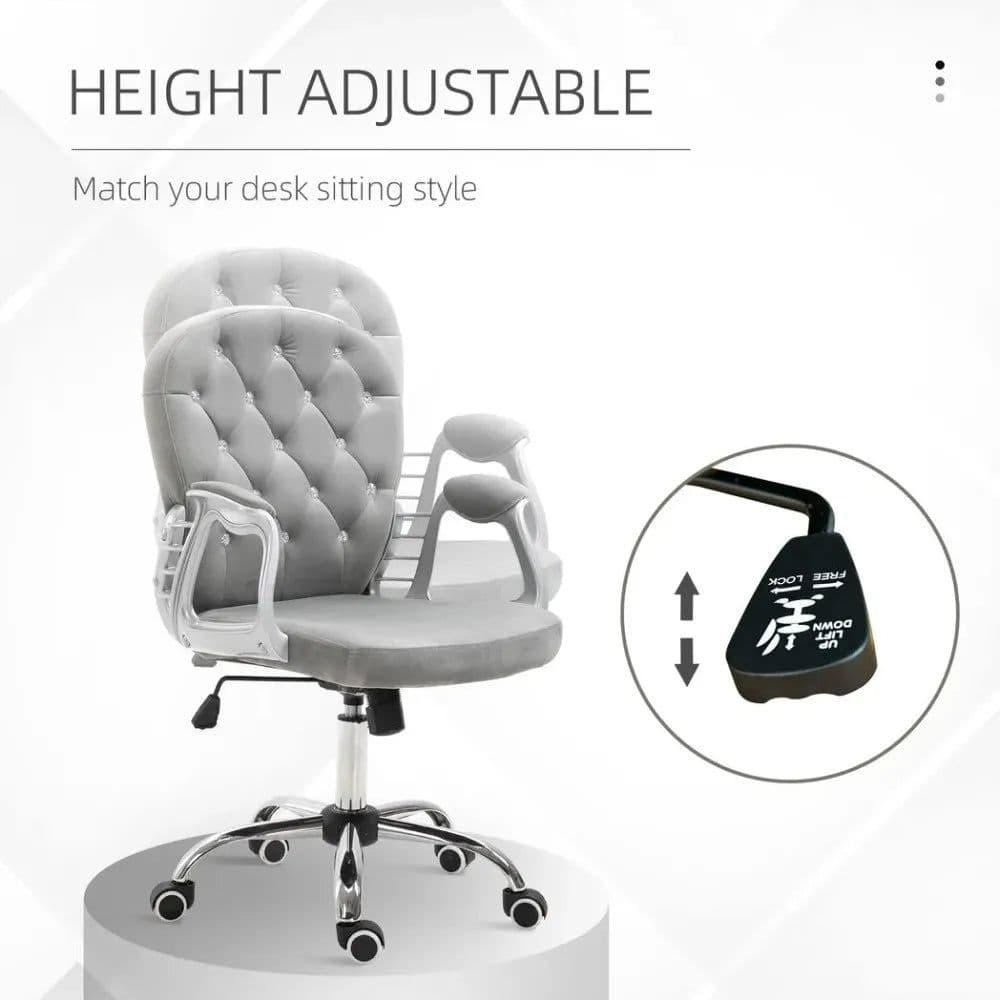 image-Office Chair Luxury Velour Diamond Tufted Padded Ergonomic 360 Swivel Grey