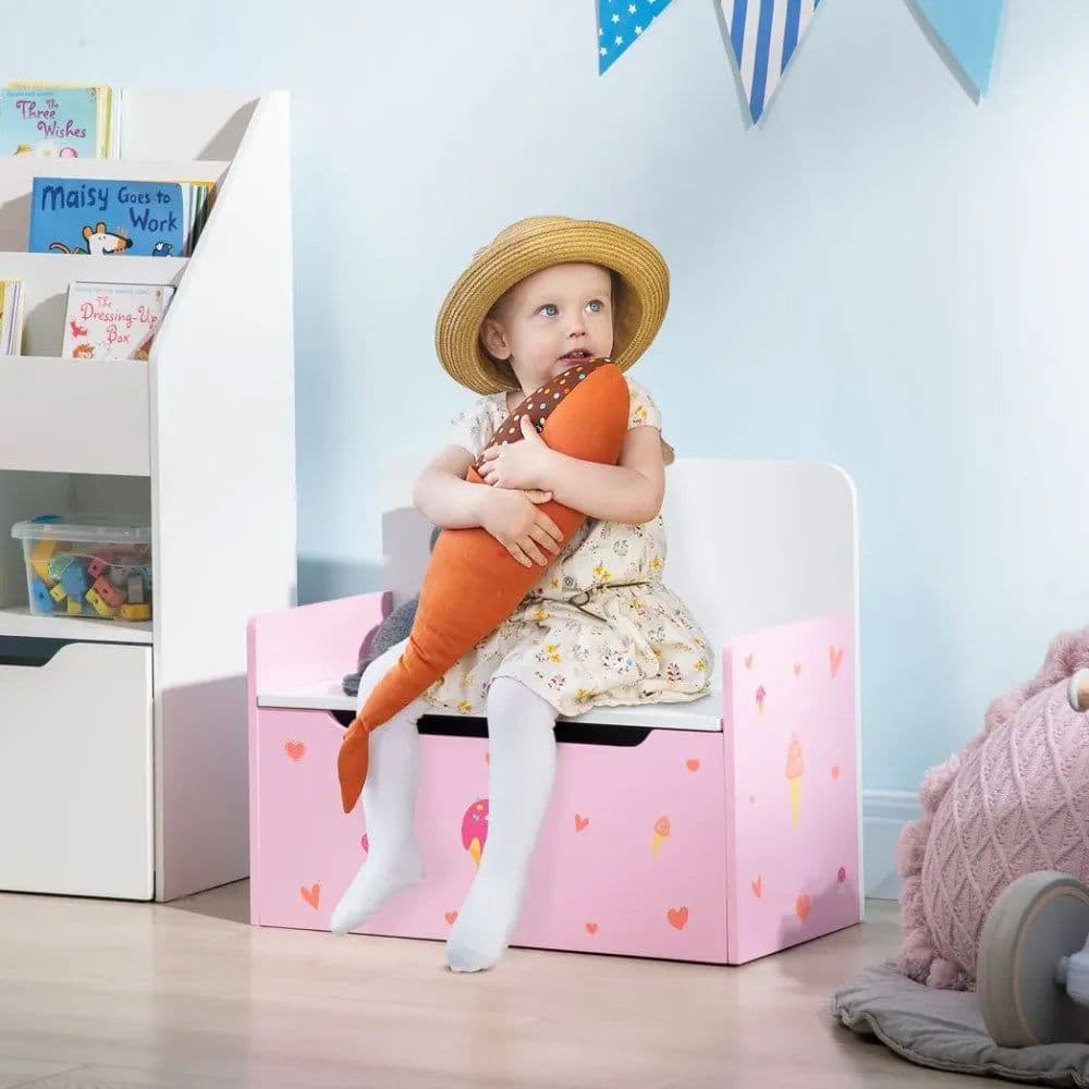 image-Two-In-One Wooden Toy Box, Kids Storage Bench w/ Safety Rod - Pink