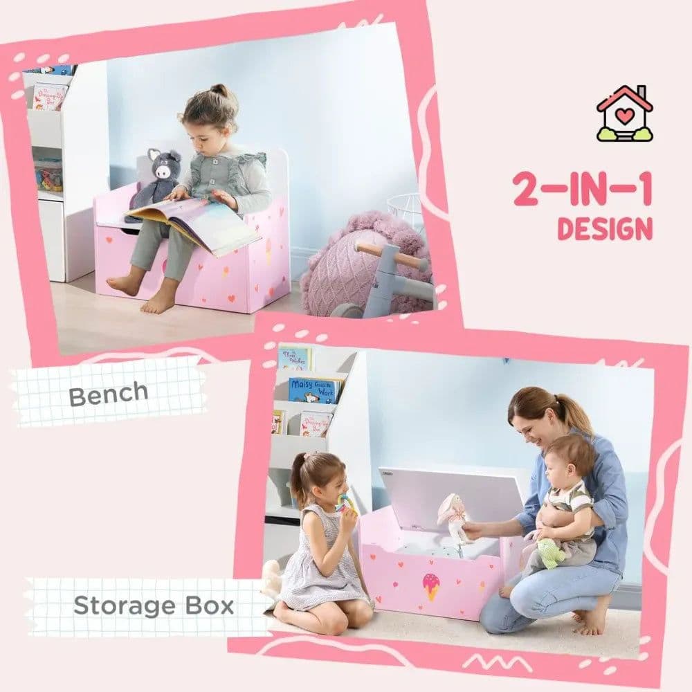 image-Two-In-One Wooden Toy Box, Kids Storage Bench w/ Safety Rod - Pink
