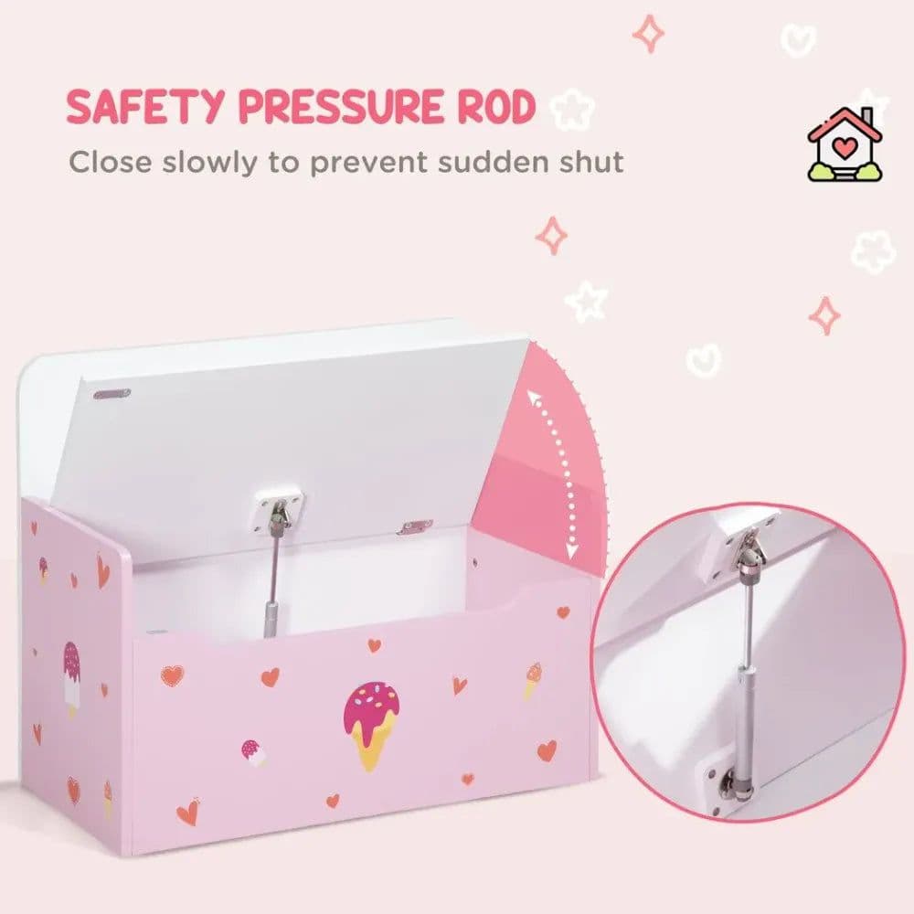 image-Two-In-One Wooden Toy Box, Kids Storage Bench w/ Safety Rod - Pink