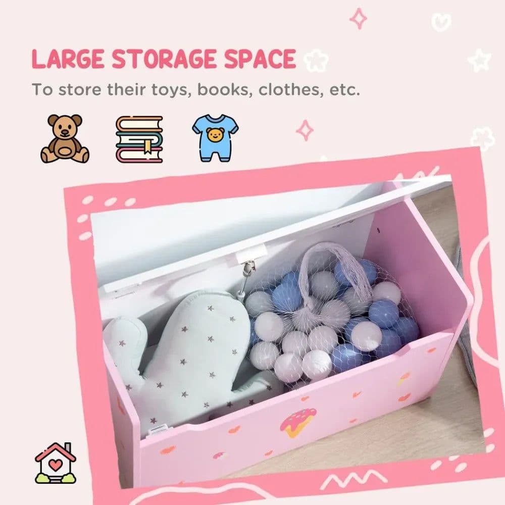 image-Two-In-One Wooden Toy Box, Kids Storage Bench w/ Safety Rod - Pink