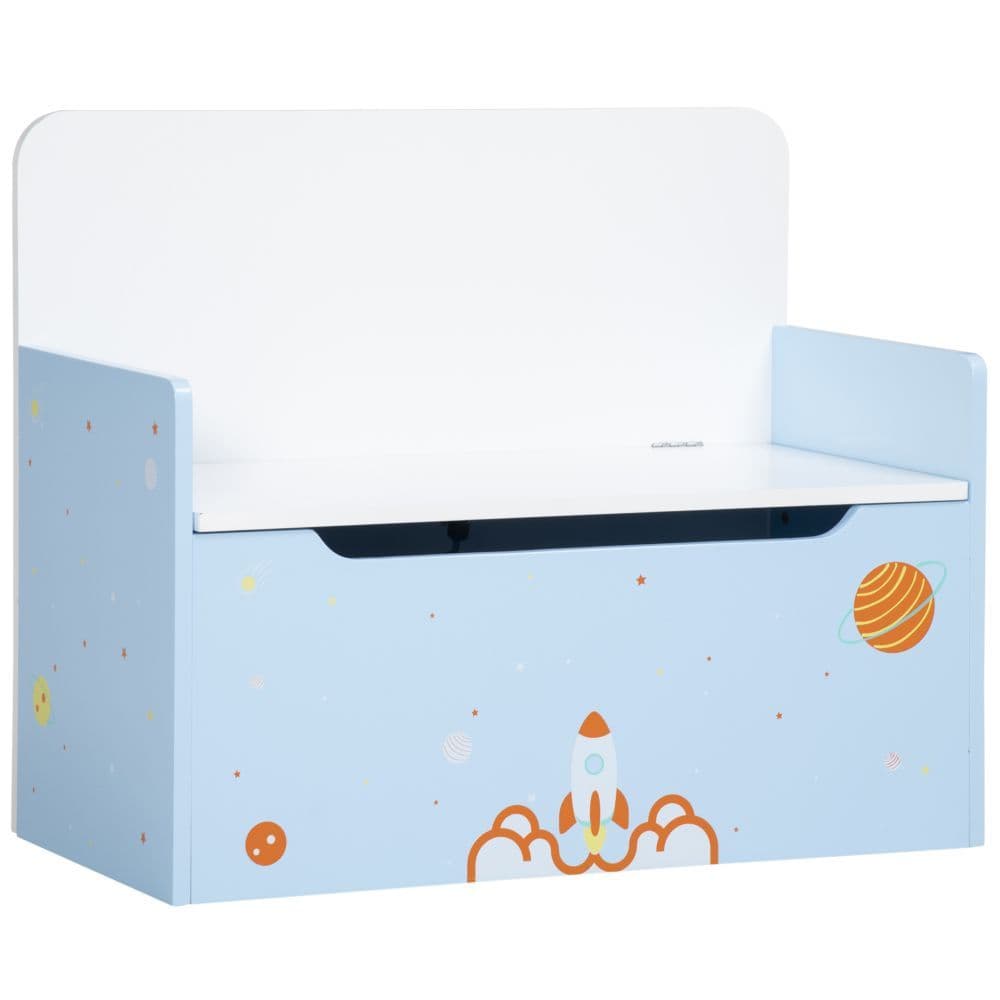 image-Two-In-One Wooden Toy Box, Kids Storage Bench w/ Safety Rod - Blue