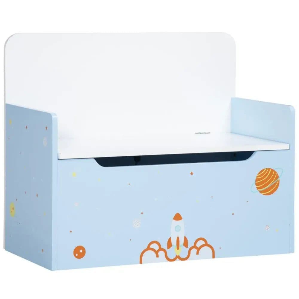 image-Two-In-One Wooden Toy Box, Kids Storage Bench w/ Safety Rod - Blue