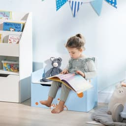 image-Two-In-One Wooden Toy Box, Kids Storage Bench w/ Safety Rod - Blue