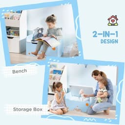 image-Two-In-One Wooden Toy Box, Kids Storage Bench w/ Safety Rod - Blue