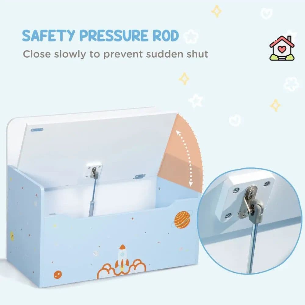 image-Two-In-One Wooden Toy Box, Kids Storage Bench w/ Safety Rod - Blue