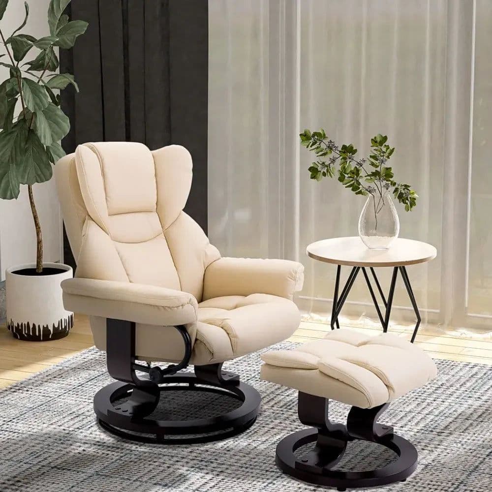 image-Padded PU Leather Manual Reclining Armchair Sofa Chair w/ Footstool Cream