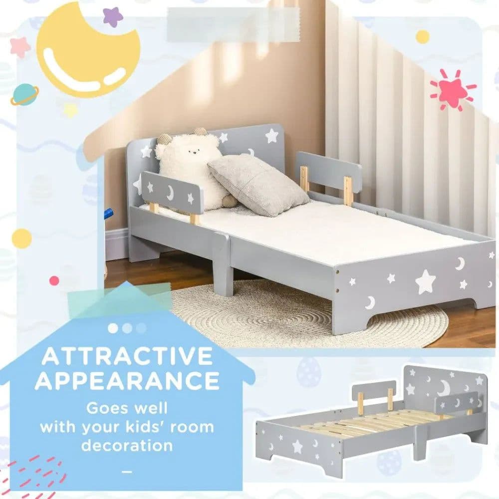 image-Kids Toddler Bed w/ Star and Moon Patterns, for Ages 3-6 Years - Grey