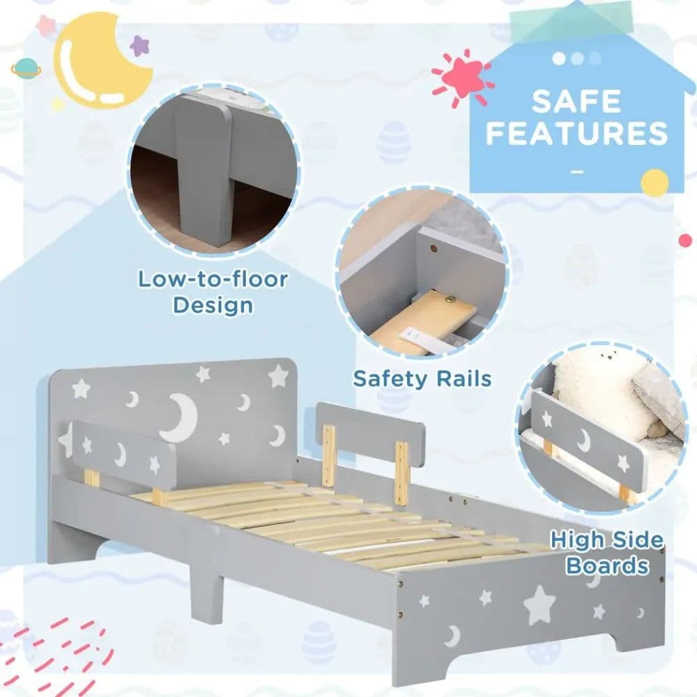 image-Kids Toddler Bed w/ Star and Moon Patterns, for Ages 3-6 Years - Grey
