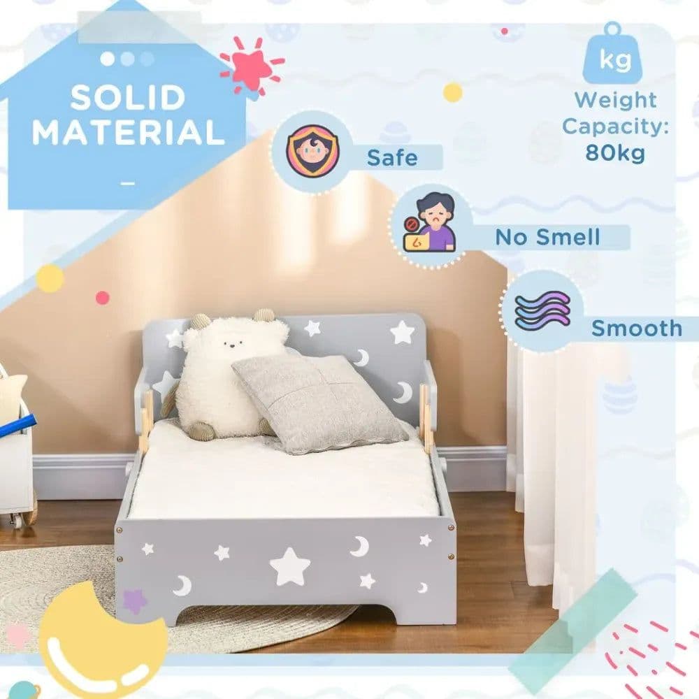 image-Kids Toddler Bed w/ Star and Moon Patterns, for Ages 3-6 Years - Grey