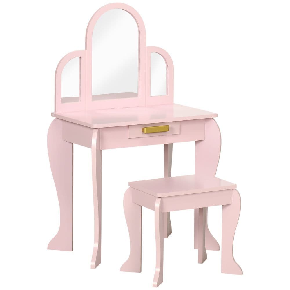 image-Kids Dressing Table and Stool w/ Mirror and Drawer, for Ages 3-6 Years - Pink