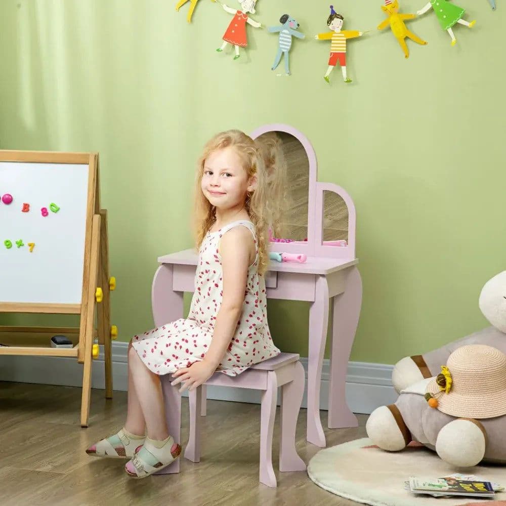 image-Kids Dressing Table and Stool w/ Mirror and Drawer, for Ages 3-6 Years - Pink