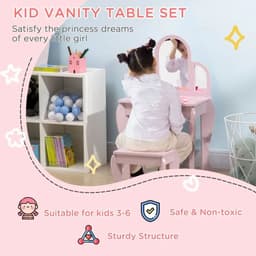 image-Kids Dressing Table and Stool w/ Mirror and Drawer, for Ages 3-6 Years - Pink