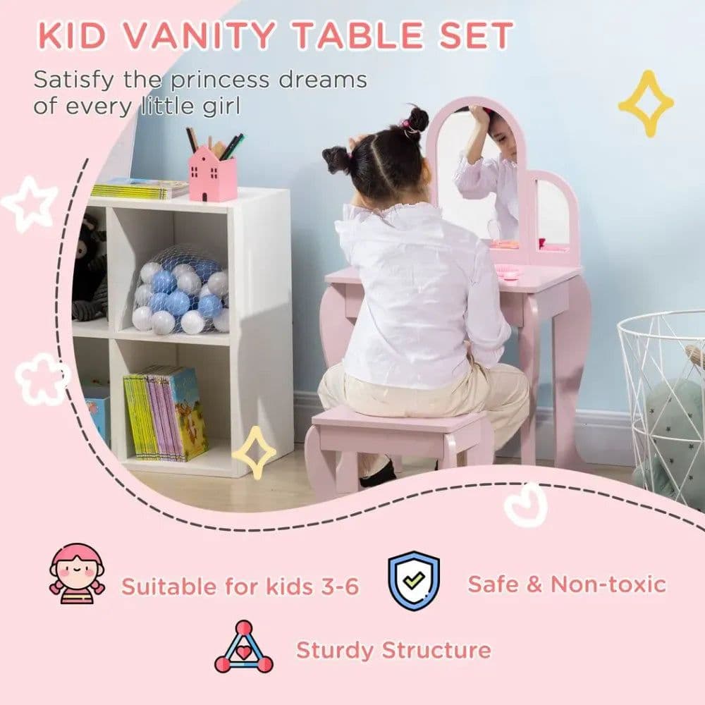 image-Kids Dressing Table and Stool w/ Mirror and Drawer, for Ages 3-6 Years - Pink